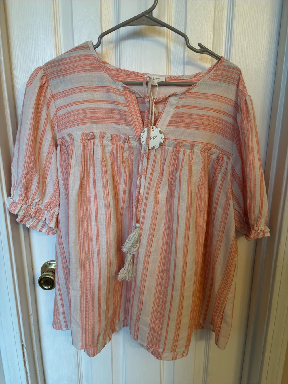 ODDY Coral & Cream Striped Peasant Tunic